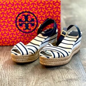 Tory Burch Navy and White Striped Espadrille Wedge Sandals